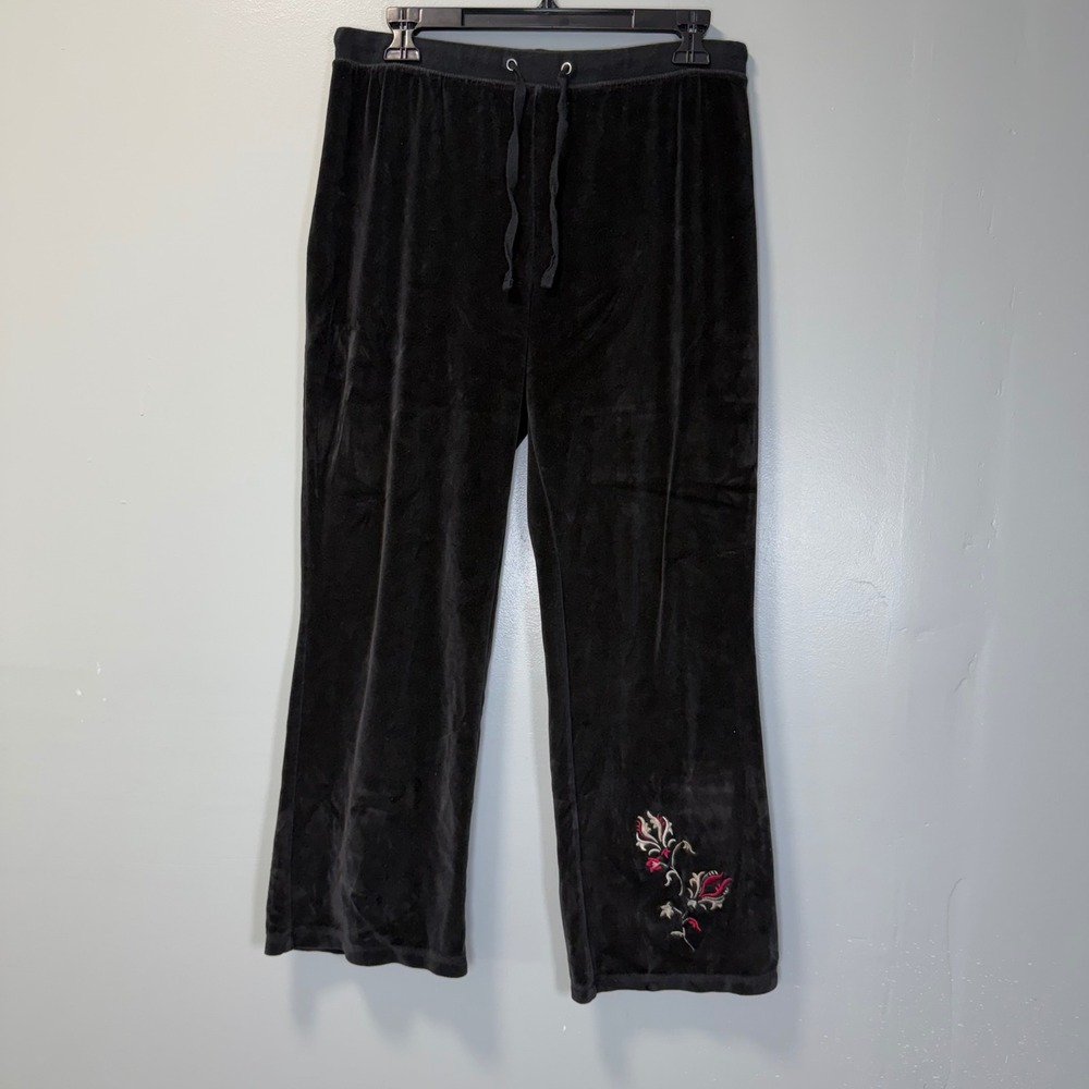 Relativity Petite Womens Black Velour Floral Embroidered Lounge Pants Size PM